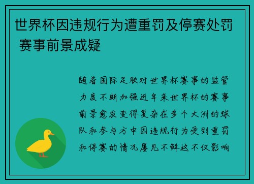 世界杯因违规行为遭重罚及停赛处罚 赛事前景成疑 世界杯因违规行为遭重罚及停赛处罚 赛事前景成疑